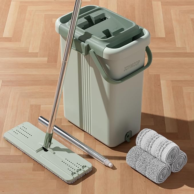 JOYMOOP Mop and Bucket with Wringer Set, Flat Squeeze Mop with Bucket (X-Large), Dust Mop for Wall Cleaner with Long Handle, Microfiber Mop - Green Bucket with 3 Reusable 15" Pads