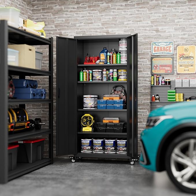 Garage Storage Cabinets with Wheels,Metal Storage Cabinet with Adjustable Shelves forGarage Office Home Warehouse, Assemble Required, Black,15.71" D x 31.57" W x 73" H