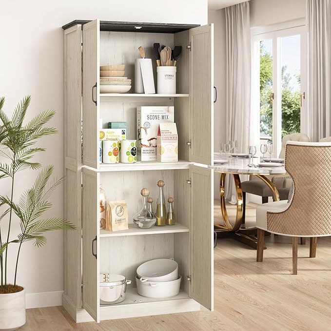 71'' Tall Pantry Cabinet Set of 2, Farmhouse Kitchen Pantry Storage Cabinet with Barn Door and Adjustable Shelves, Rustic White Wood Freestanding Cupboard for Kitchen, Dining Room