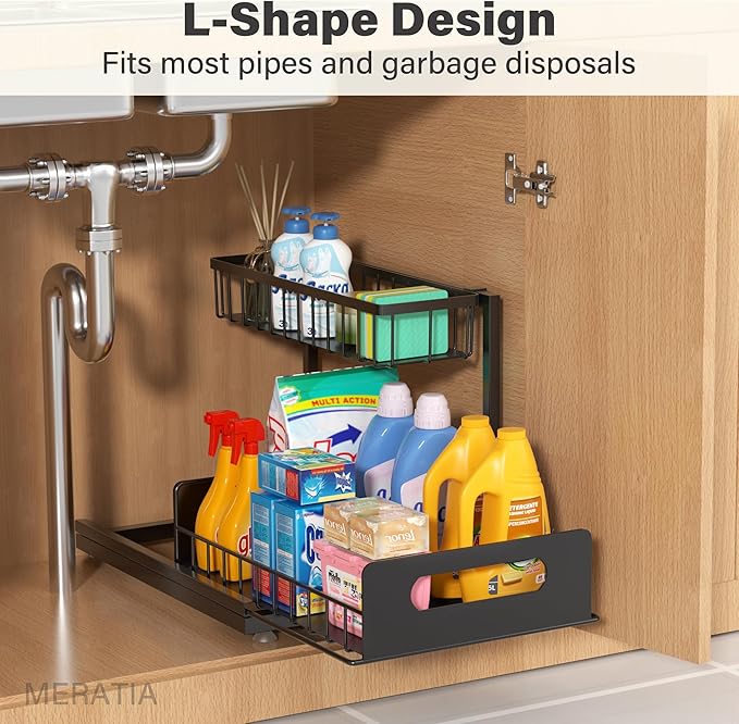 MERATIA 2 Pack Under Sink Organizer, 2 Tier Pull Out Cabinet Organizer,Slide out Metal Cabinet Organizers Multi-Purpose Drawer Shelf for Kitchen Bathroom Pantry Cabinet Closet Organization Rack,Black