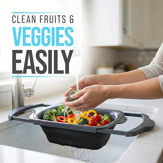 Comfify Over-the-Sink Colander with Handles – Sleek Plastic Black Kitchen Strainer for Pasta, Vegetables & Fruits – Space-Saving Design – 17.1" x 10.1" x 1.4"