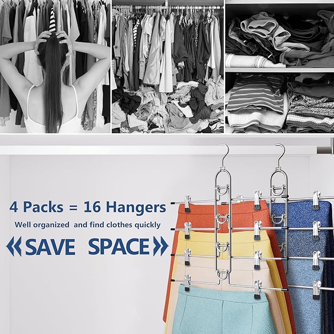 Pants & Skirt Hangers with Clips, Newly Upgraded Detachable - Space Saving Hangers, 4-Tiers Skirt Hangers for Women - Hanging Closet Organizer and Storage-4 Pack, Patent Pending