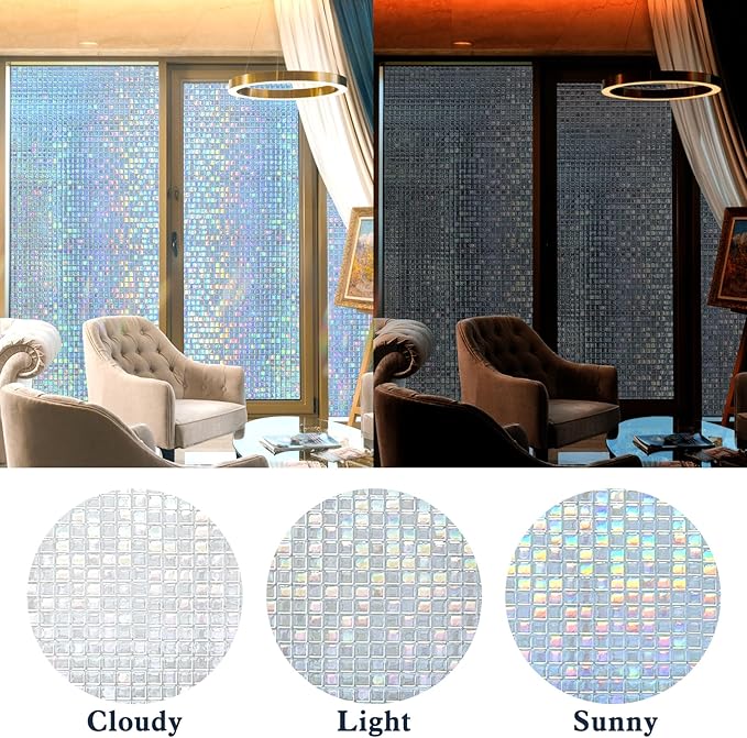 Privacy Window Film Stained Glass Non-Adhesive Rainbow Window Film Home Decorative Vinyl Static Cling Window Stickers Window Covering for Glass Door Bedroom Office