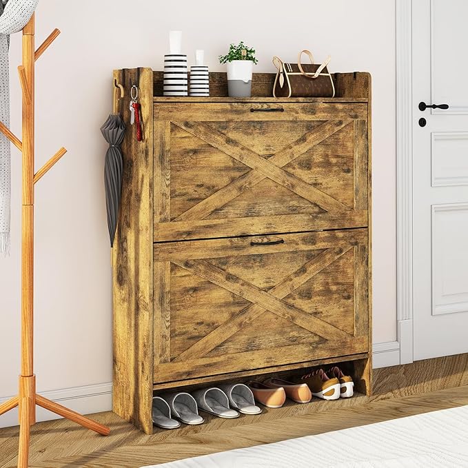 Shoe Cabinet with 2 Flip Drawers & Adjustable Shelf,Wood Shoe Organizer,Freestanding Hidden Shoe Storage Cabinet for Entryway,Hallway (Brown)