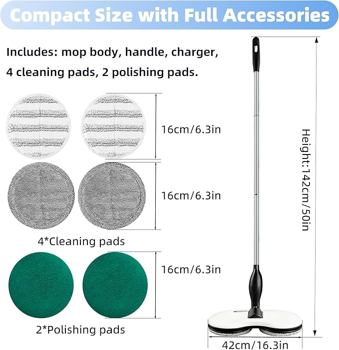 KOJEO Electric Mop for Floor Cleaning, As Seen On TV, Cordless Spin Mopper Motorised Electric Mops for Hardwood Tile Laminate Floor Daily Light Cleaning (No Water Tank)