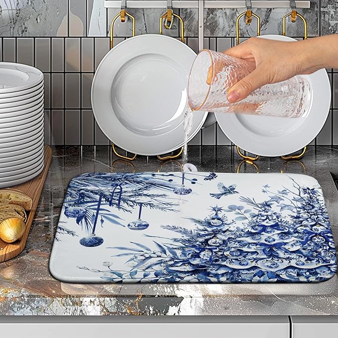 Wnoesat Christmas Tree Dish Drying Mat for Kitchen Counter 16x18 Inch Blue White Chinoiserie Winter Xmas Holiday Drying Mats Microfiber Absorbent Dish Draining Reusable Dish Drainer Pad