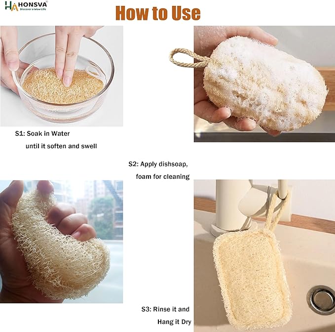HONSVA Loofah Natural Kitchen Sponge (5 Pcs), No Scratch Scrubber for Dish Cleaning, 100% Plant Based Vegetable Scrubber, Zero Waste and Eco Friendly Sponge for Kitchen (3 Pcs Oval+2 Pcs Rectangular)