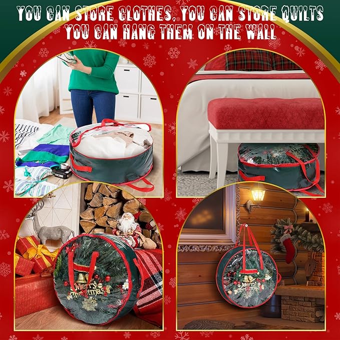 Shappy 4 Pcs Christmas Wreath Storage Bag Wreath Storage Container with Clear Window Plaid Box with Handles for Storing Garland Holiday Wrapping(Green,24 x 8 Inch)
