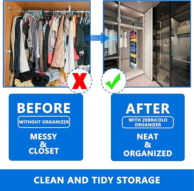zebricolo,Closet Organization,12 Section, Hanging Closet Organizer, Space Saving, College Dorm Essentials for Girls, Heavy dutys Hooks Up to 45 Pounds, Clothes Storage,Closet Organizer,Black/White