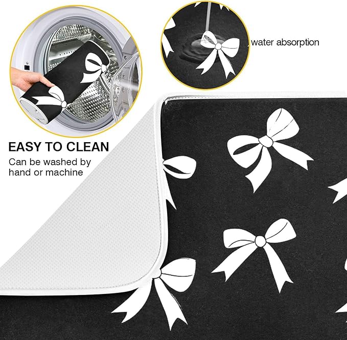 Black Bow Dish Drying Mat for Kitchen Countertop 18x24 Bowknot Coquette Rectangle Large Drying Mat Reusable Quick Dry Dish Sink Absorbent Mats Dishwasher Easy Clean Decorative Home Decor Essentials