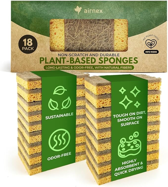 AIRNEX Natural Kitchen Sponges Pack of 18 - Biodegradable Cellulose and Coconut Husk Walnut Scrubbers - Odor Free Non Scratch - Eco Friendly Quick Drying Dishwashing Sponges