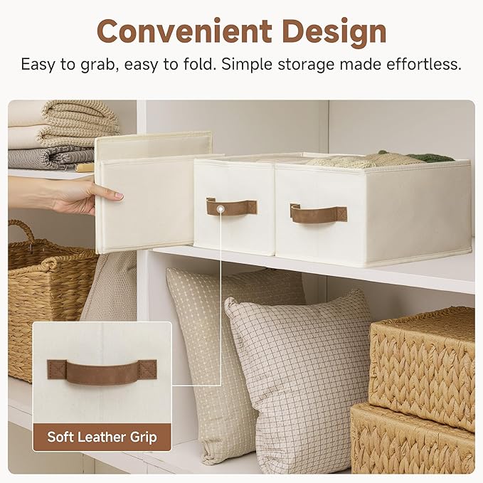 StorageWorks Storage Baskets for Shelves, Foldable Fabric Closet Storage Bins with PU Handles, Fabric Storage Bins Clothes Organizer, Ivory White, 3-Pack, Small