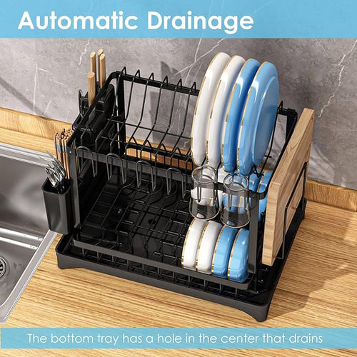 AIDERLY Dish Drying Rack for Kitchen Counter 2 Tier Iron Dish Drainer with Removable Cutlery Basket, Black