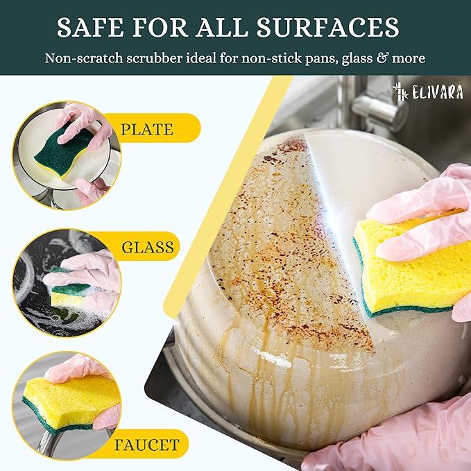 ELIVARA Kitchen Sponges – 12 Pack – Non-Scratch Dual-Sided Cellulose Scrub Sponges for Dishes, Pots, and Pans – Durable, Absorbent, and Reusable (Green/Yellow)