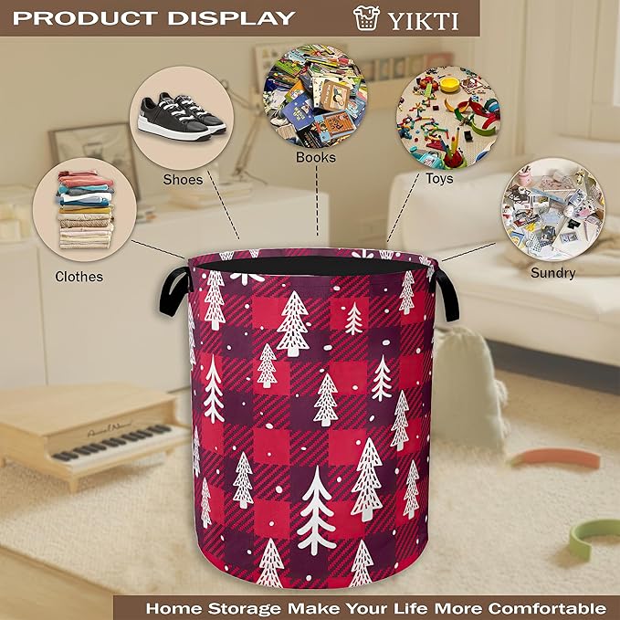Christmas Tree Laundry Hamper,Red Plaid Collapsible Laundry Baskets,Waterproof Oxford Cloth Laundry Room Organization for Bedroom,Bathroom,Nursery,16x20 Inch