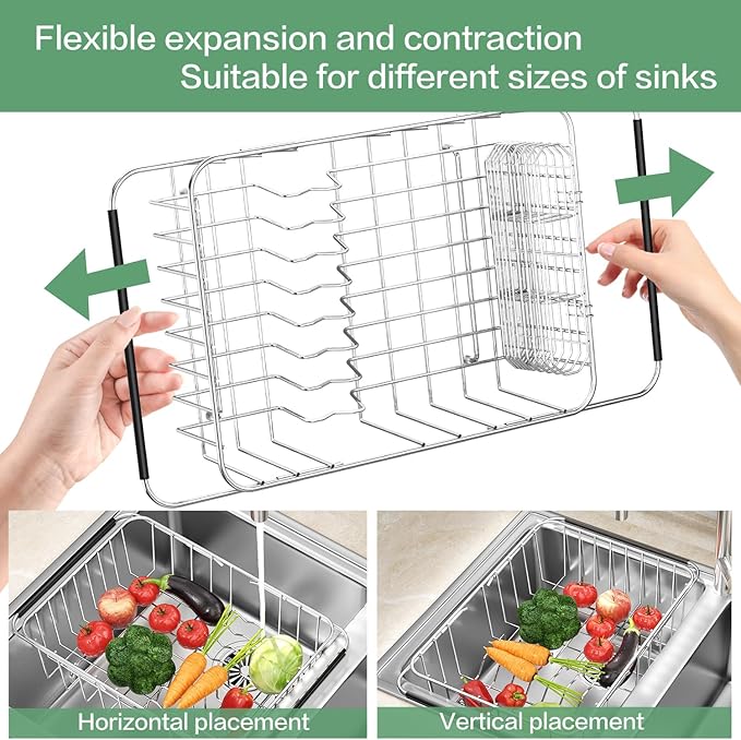SwetLao Large Sink Dish Drying Rack, Expandable 304 Stainless Steel Metal Dish Drainer Rack Organizer Shelves with Stainless Steel Utensil Holder Over Inside Sink, Rustproof