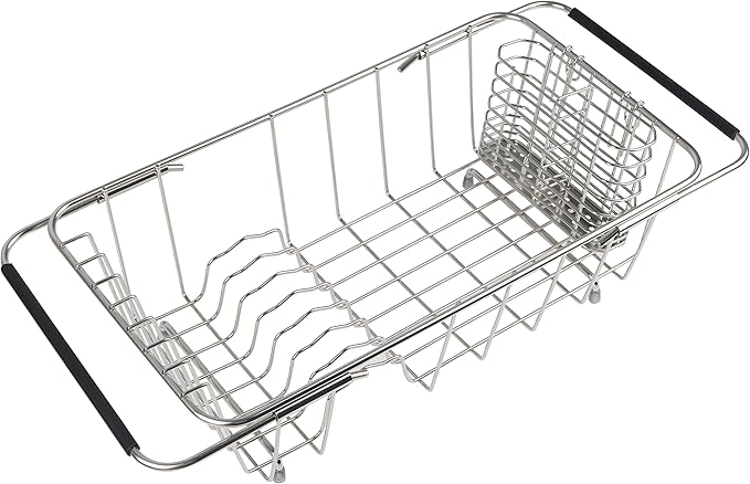 BTLATHA Sink Dish Drainer Rack, Expandable 304 Stainless Steel Dish Drying Rack Organizer with Stainless Steel Utensil Rack, Adjustable 14.96" to 20.59" Inside The Sink (up to 7 Upright Utensils).