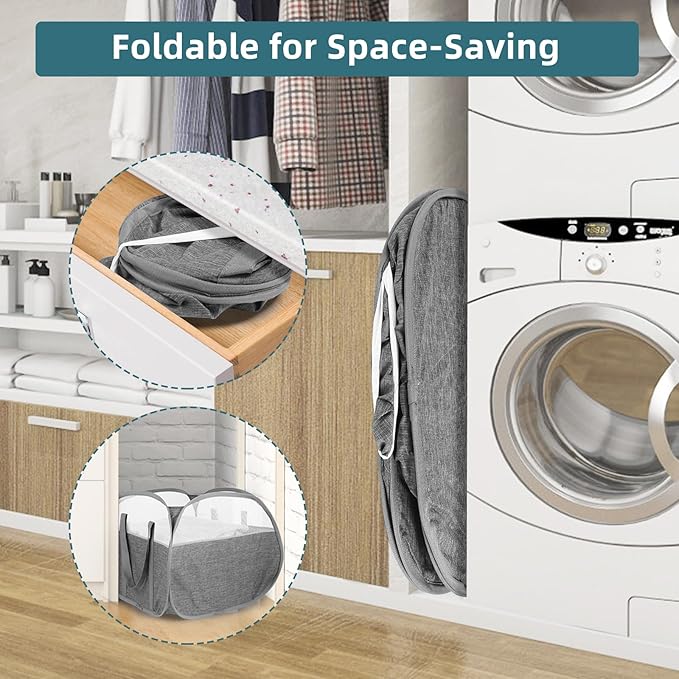 2 Pack Collapsible Laundry Baskets, 90L Large Foldable Laundry Basket, Pop Up Hampers for Laundry, Dirty Clothes Laundry Hamper for Bedroom, Bathroom, Dorm, Laundry Room, Travel or Camping Grey
