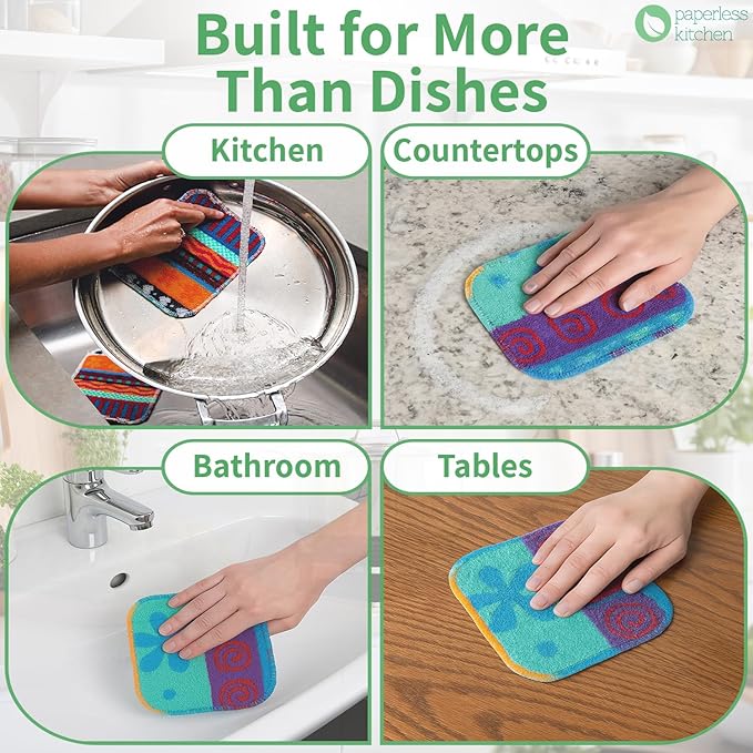 PaperlessKitchen Kitchen Dish Scrubbers | Soft Scrub for Dishes | Non-Scratch Cleaning Pads for Kitchen | Made from Cotton Fiber | Safe on All Surfaces | Long-Lasting & Easy to Clean | Pack of 8