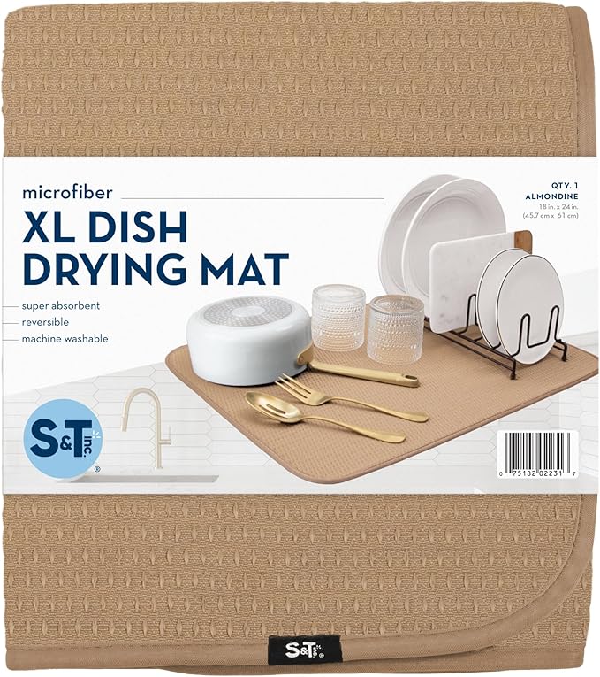 S&T INC. Dish Drying Mat XL, 18” x 24”, Absorbent Microfiber Kitchen Counter Mat, Drying Pad for Dishes, Utensils, Pots and Pans, Extra Large, Diamond Texture, Almond