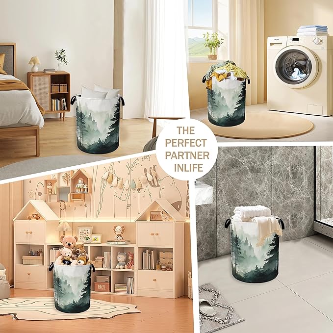 Foggy Forest Mountain Laundry Hamper,Watercolor Tree Clothes Hamper for Laundry,Waterproof Oxford Toy Storage Collapsible Hampers for Bedroom, Dorm Room,Bathroom,16x20 Inch