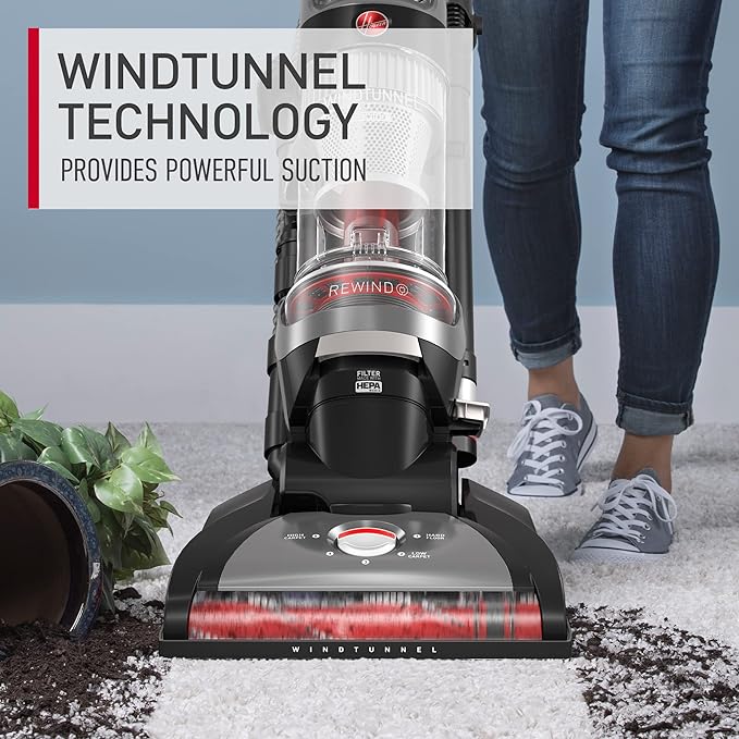 Hoover WindTunnel Whole House Rewind Bagless Vacuum Cleaner, Corded Upright Vac, HEPA Media Filtration, Automatic Cord Rewind, Corded Vacuum Cleaners for Home Use