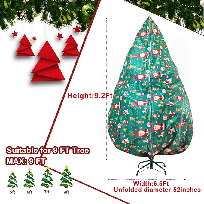 Upright Christmas Tree Storage Bag,Fits Up to 9 ft Tall Artificial Tree,Large Holiday Xmas Tree Cover Upright Tree Dustproof Bag with Zipper & Drawstring 6.6ft(W)*9.2ft(H) *52in(Dia) (Green)