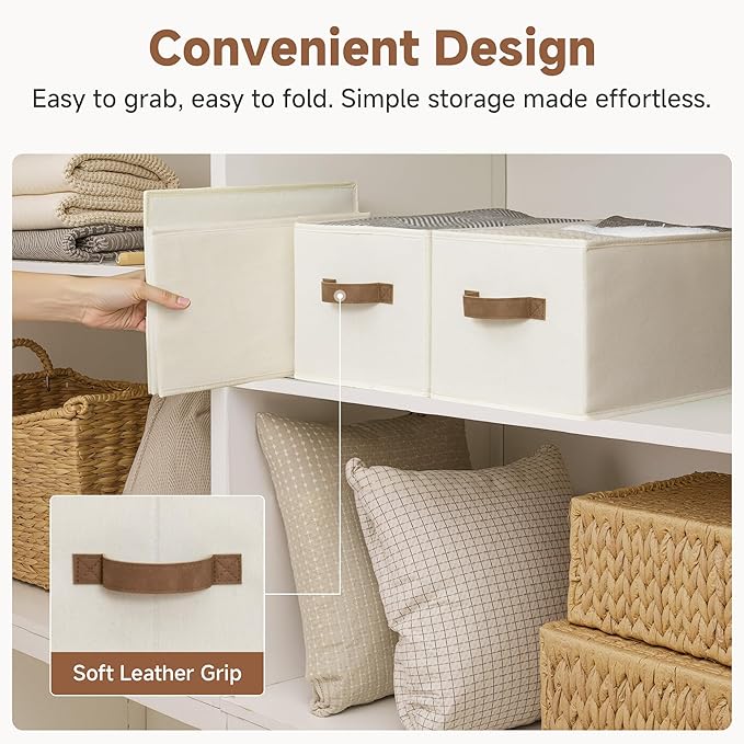 StorageWorks Storage Baskets for Shelves, Foldable Fabric Closet Storage Bins with PU Handles, Fabric Storage Bins Clothes Organizer, Ivory White, 3-Pack, Large