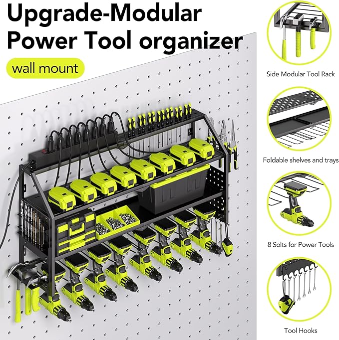 YFFSRJDJ Power Tool Organizer Wall Mount with Charging Station, 8 Drill Holder with 8-Outlet Power Strip, Garage Cordless Drill Storage and Organization, Battery Utility Rack