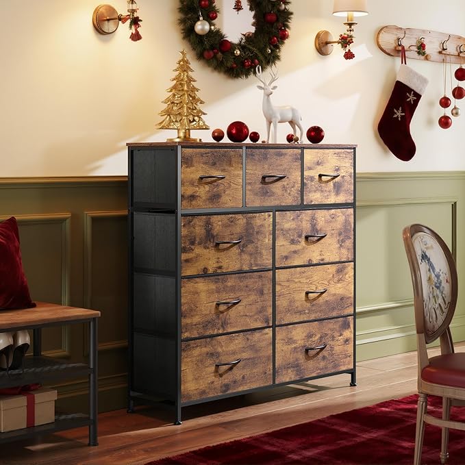 WLIVE 9-Drawer Dresser, Fabric Storage Tower for Bedroom, Hallway, Entryway, Closet, Tall Chest Organizer Unit with Fabric Bins, Steel Frame, Wood Top, Easy Pull Handle, Rustic Brown Wood Grain Print