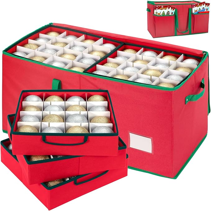 JY COOKMENT Christmas Ornament Storage Box with Adjustable Dividers and Side Pockets, Large Ornaments Storage Container Bin with Zippered Top for Xmas Decorations (128-3" Balls, Red, With Tray)