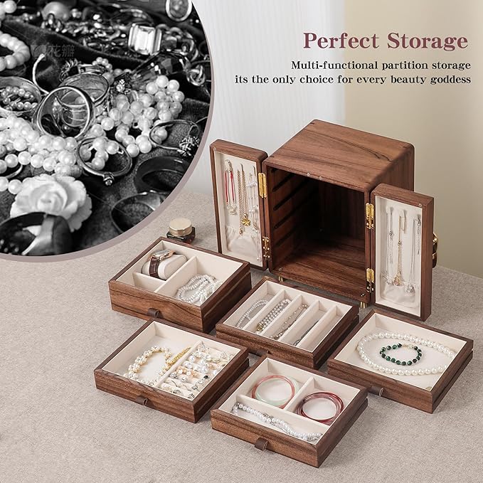 Jewelry Box for Women Girls, Wooden Jewelry Box Organizer Functional With Drawers, 5 Layers Jewelry Storage Organizer for Earring, Ring, Necklace, Bracelets