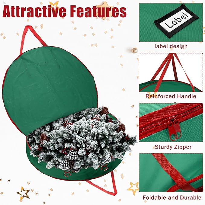 1 Pcs 60" Christmas Wreath Storage Bag Zippered Garland Holiday Container with Reinforced Handle Tear Resistant 600d Oxford Organizer Wreath Holder with Card (Green)