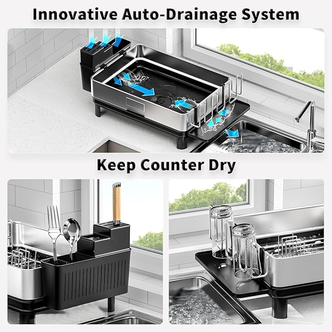 Ewaiira Dish Drying Rack, 304 Stainless Steel Dish Racks for Kitchen Counter, Dish Drainers with Automatic Drainage, Utensil Holder & Cups Holder, Space Saving Kitchen Organizer, Black