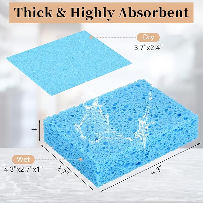 Mkobon 6 Pcs Kitchen Sponges for Dishes Cleaning, Non Scratch for Non Stick Cookware, Compressed Natural Cellulose Sponges, Dish Washing Scrubbers, Scrubbing Pads for Household, Bathroom (Blue)