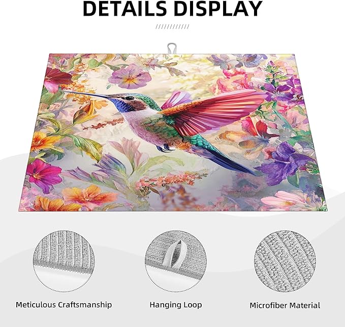 Hummingbird Dish Drying Mat for Kitchen Counter Microfiber Super Absorbent Non-Slip Dish Drying Pad for Countertops Dishes Utensils Stylish Quick-Dry Machine Washable 18x24 Inch