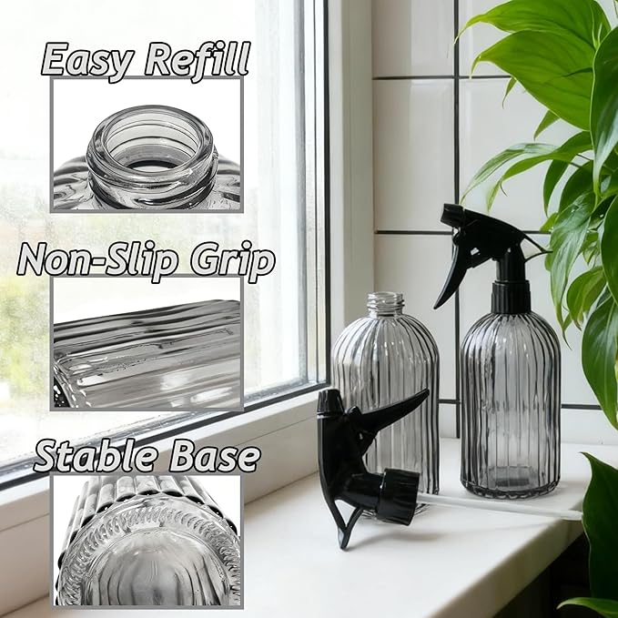 Glass Handheld Spray Bottle, 13.5oz Refillable Plant Mister Bottle 2 Pack, Water Spray Bottle with Adjustable Mist Nozzle for Outdoor Gardening, Indoor Flowers, Cleaning, Hair & Pets Care (Grey)