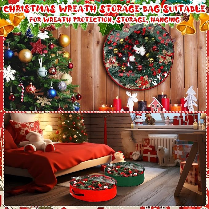 Aliceset 4 Pack Wreath Storage Containers, Christmas Ornament Garland Wreath Storage Bags with Handle Dual Zipper Large Decorative Storages Box for Winter Wreaths(24 x 24 x 7.8 Inch,Red, Green)