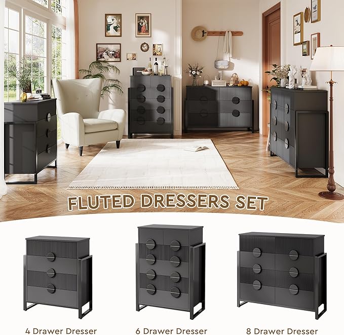 Fluted Dresser for Bedroom with 4 Drawers, 36.2" Tall Chest of Drawers with Raised H Legs and Curved Profile Design, Wood Closet Clothes Storage Organizer for Bedroom, Hallway, Black