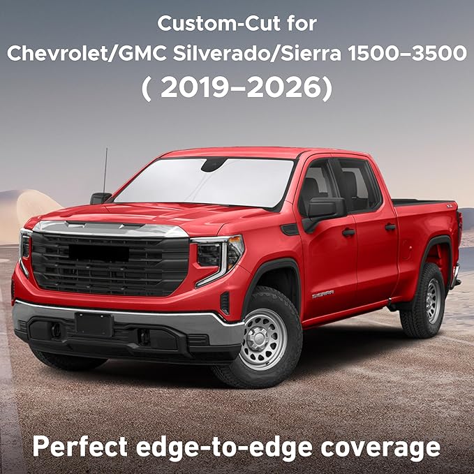 Econour Windshield Sun Shade for Chevrolet Silverado/GMC Sierra 1500–3500 2019–2023 2024 2025 2026 Sun Visor for Front Windshield & Window Sunshade Cover, UV Heat Blocker, Car Accessories