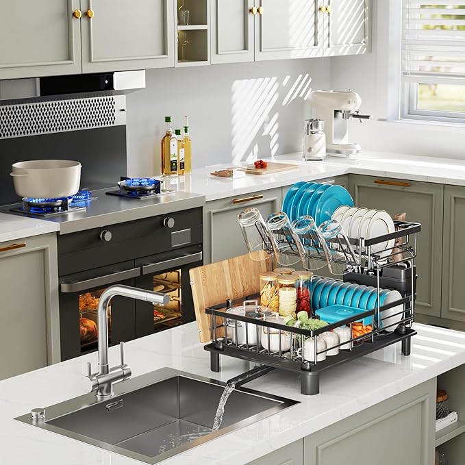 IMXSUMDA Dish Drying Rack, 2 Tier Dish Racks for Kitchen Counter, Compact Drying Rack Kitchen, Rust-Resistant Dish Drainer, Detachable Space-Saving Dish Rack with Drainboard, Utensil Holder, Black