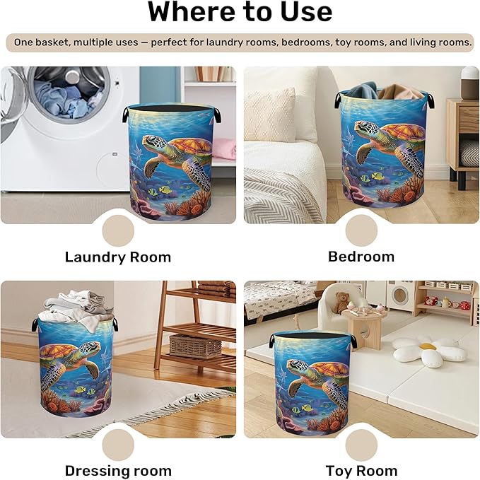 Sea Turtle Large Clothes Hamper Bag - Laundry Basket with Handles, Space Saving Foldable Design for Nursery