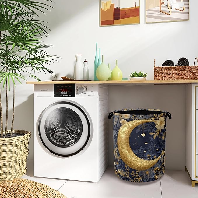 Golden Moon Laundry Basket,Flowers Foldable Oxford Cloth Tote Bag Laundry Hamper Clothes Storage Bucket Organizer for Bedroom Laundry Storage Dormitories 16" x 20.8"