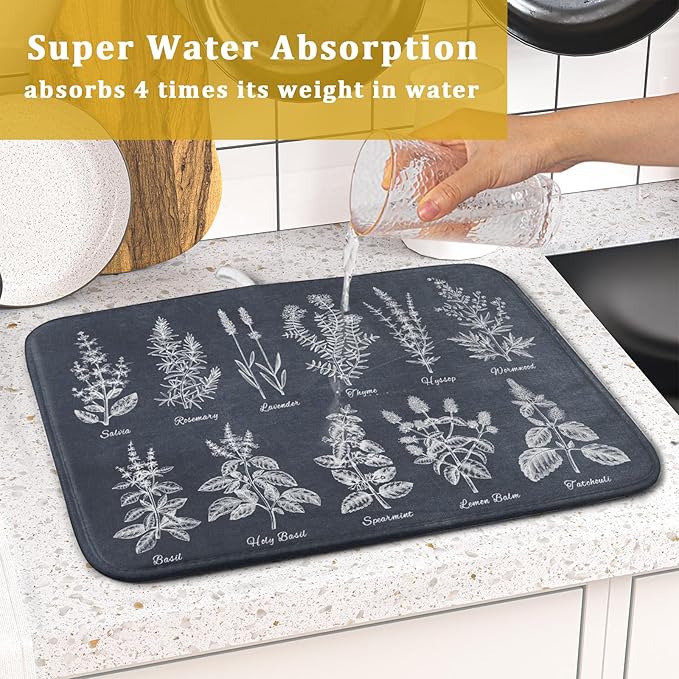 Flower Herbs Dish Drying Mat Wild Plant Dish Rack Mat with Hanging Loop Fast Dry Dish Drainer Pad for Kitchen Counter Sink 16x18 Inch