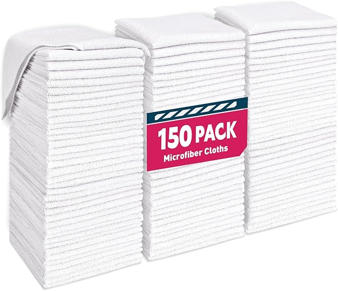 TEAWOO White Microfiber Towels- 150 Pack, Microfiber Cleaning Cloths Bulk, Microfiber Towels for Cars, Cleaning Rags (12x12 inches)
