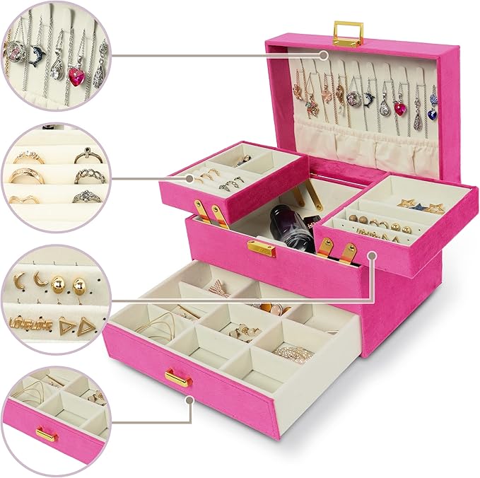 Dajasan Jewelry Storage Box, Large Jewelry Organizer Box, 3-Layer Velvet Jewelry Boxes for Women, Girls, Friends, Wife or Mother (Red)