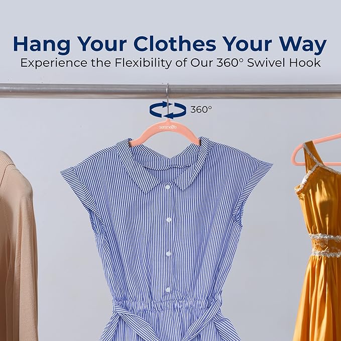 SereneLife 100 Pack Velvet Hangers - Non-Slip Felt with 360° Swivel Hook, Space-Saving, Ultra-Thin, Lightweight for Shirts, Sweaters, Hoodies, Kids Clothes & Dresses
