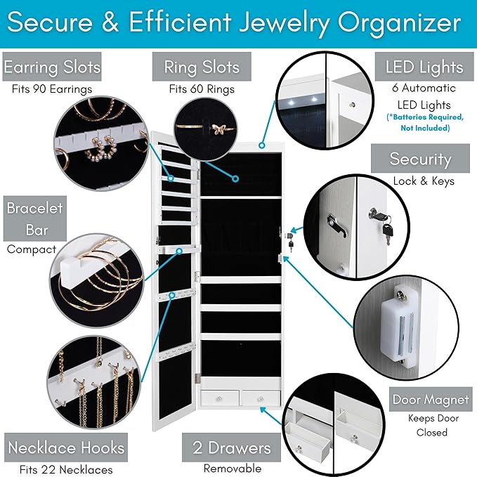 BIRDROCK HOME Hanging Jewelry Organizer - Lockable Storage Cabinet with Body Mirror & LED Lights, Door or Wall Mounted for Closet or Bedroom Dresser, Adjustable Height & Large Capacity - White