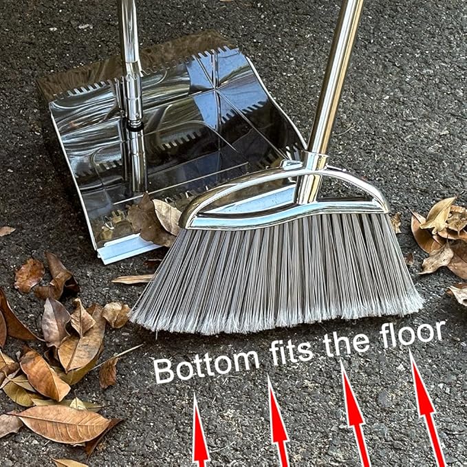 Outdoor Broom and Dustpan Comb Set,Heavy Duty Stainless Steel Metal Dust Pan with Long Handle Commercial Stiff Bristles Broom for Home Garage Garden Patio