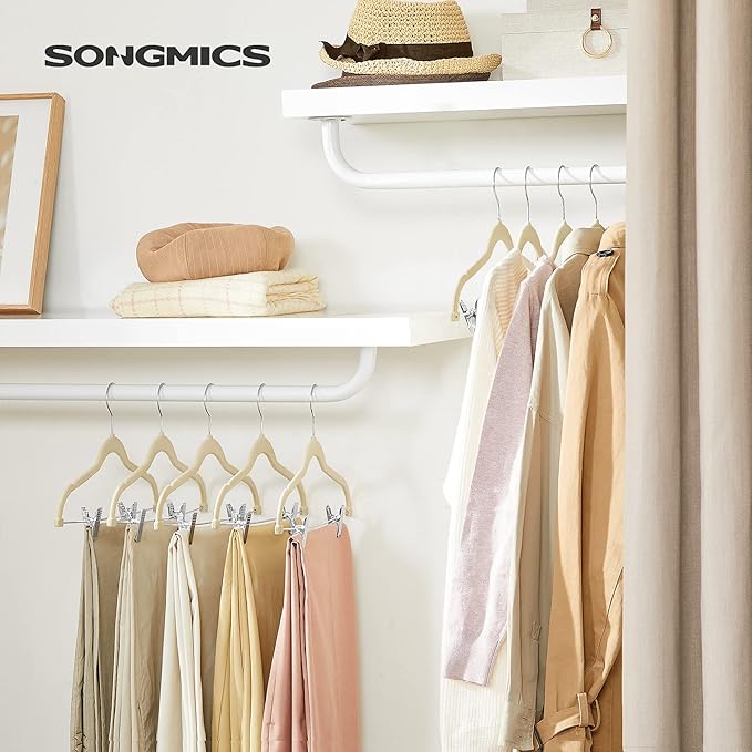 SONGMICS 30 Pack Pants Hangers, 16.7 Inches Long Velvet Trousers Hangers with Adjustable Clips, Heavy-Duty, Non-Slip, Space-Saving for Pants, Skirts, Coats, Dresses, Tank Tops, Sandy Beige UCRF012M30